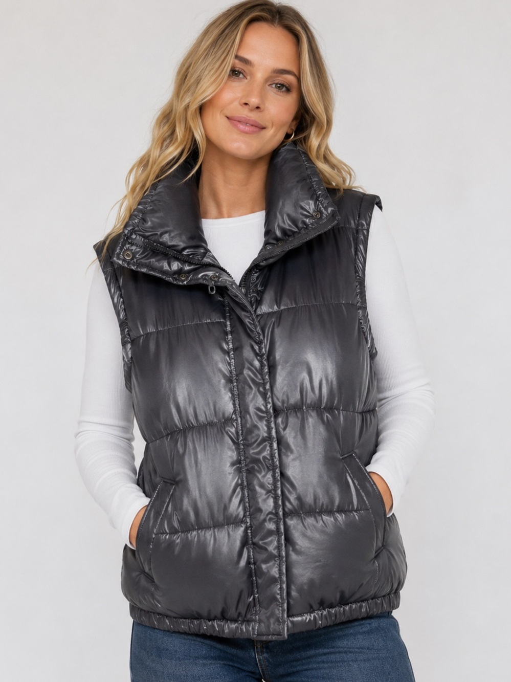 Old Navy shiny gray puffer vest women’s medium